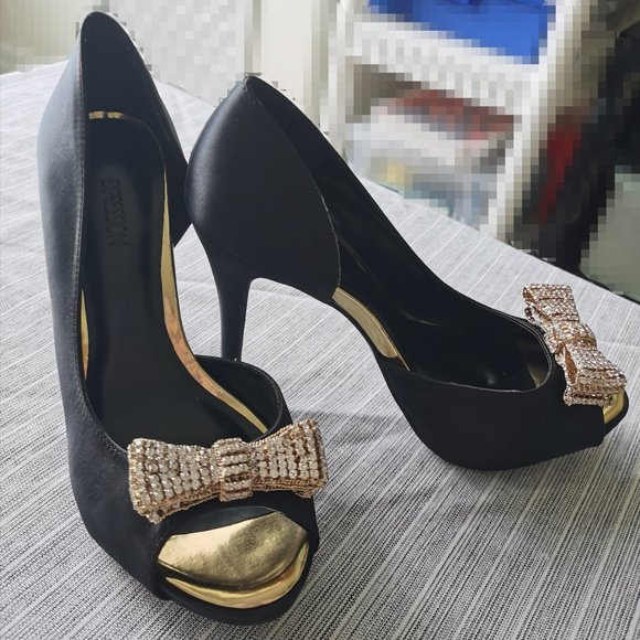 Black Satin Rhinestone Bow Open-toe Pump Heels - Picture 1 of 9